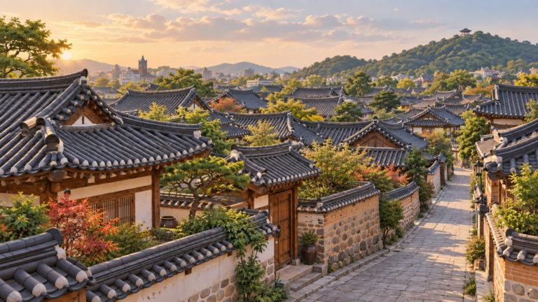 Illustrated view of traditional hanok rooftops and a quiet lane in Jeonju