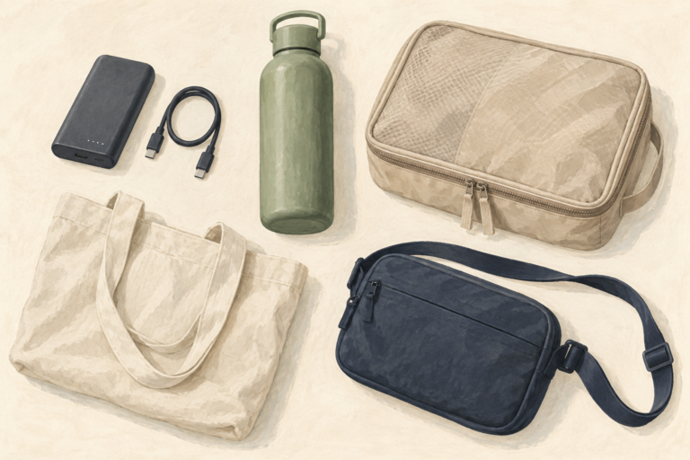 Illustration of a power bank, water bottle, packing cube, tote, and crossbody bag