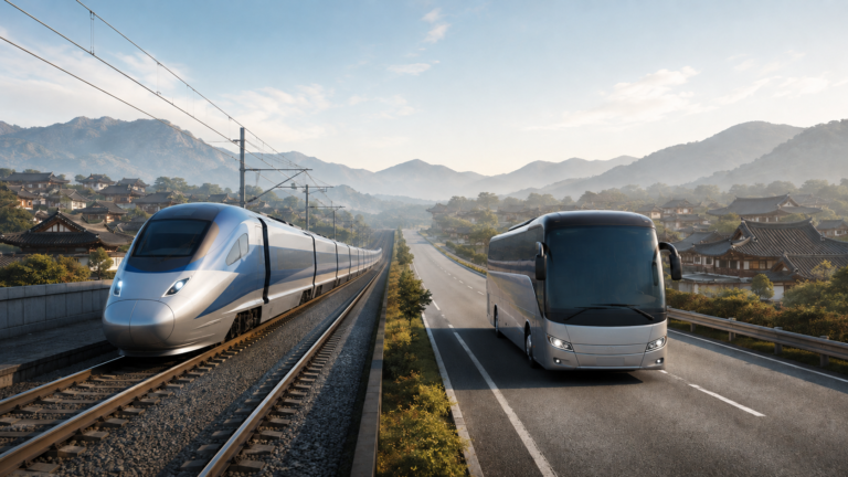 Unbranded high-speed train and coach representing travel options from Seoul to Jeonju