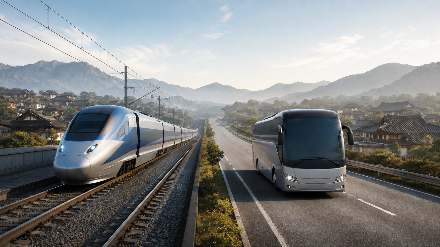 Unbranded high-speed train and coach representing travel options from Seoul to Jeonju