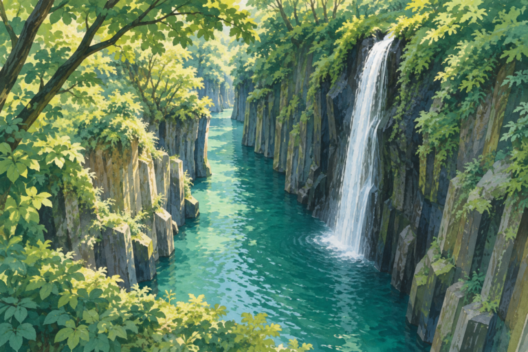 Editorial illustration of a green gorge with basalt cliffs, turquoise water, and a waterfall