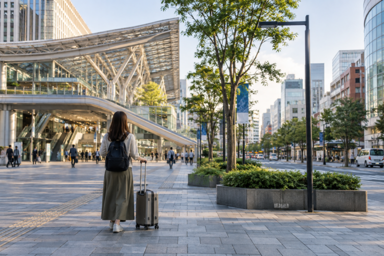 Solo traveler with a suitcase in a modern central Fukuoka streetscape