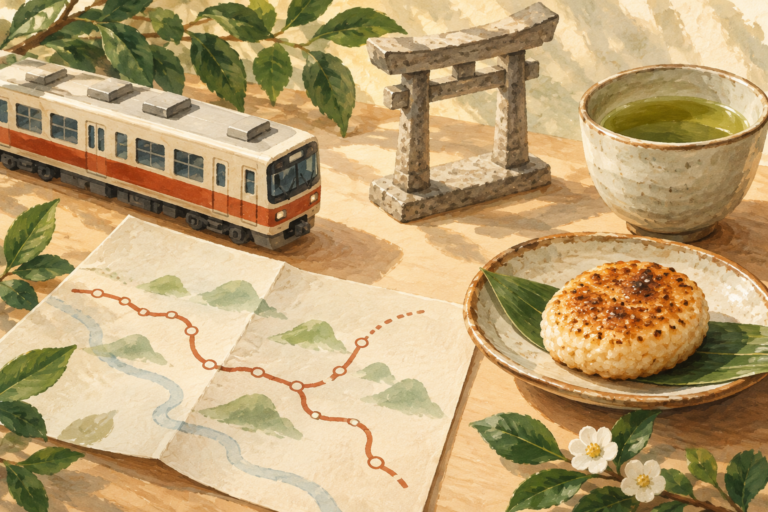 Painted travel still life with a model train, torii gate, route sketch, rice cake, and tea