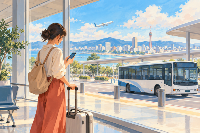 Editorial illustration of a traveler with a suitcase checking a phone beside an airport shuttle bus