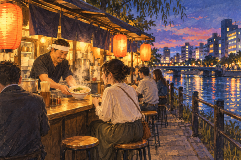 Editorial illustration of a solo diner receiving ramen at a lantern-lit yatai beside a river