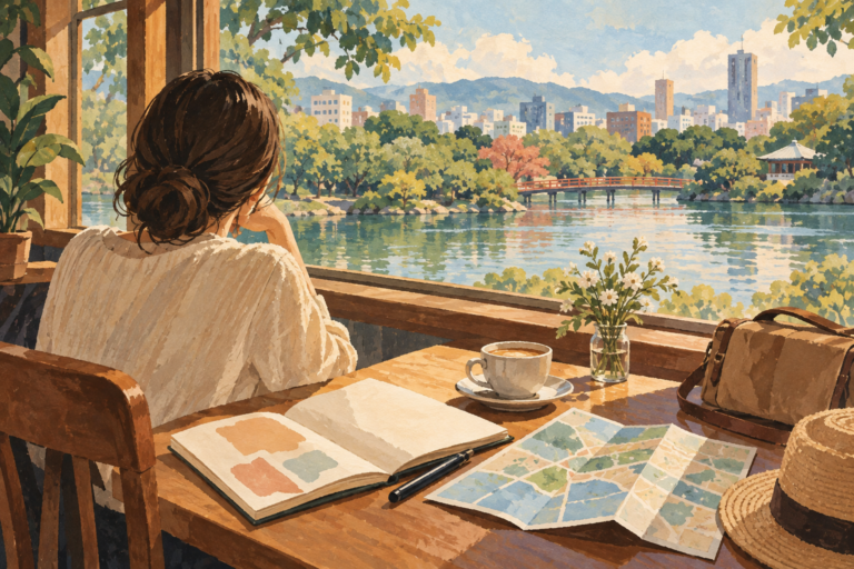 Illustration of a traveler at a cafe table with a notebook and map overlooking an imagined city park