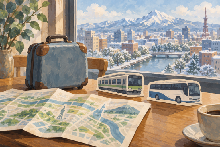 Illustration of a suitcase, folded map, and train and coach cutouts beside a window overlooking an imagined snowy city.