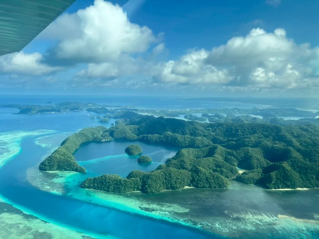 Forested Rock Islands and turquoise lagoons seen beneath a small aircraft wing in Palau