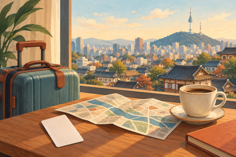 Illustration of a suitcase, hotel key card, folded map and coffee beside a window overlooking Seoul.
