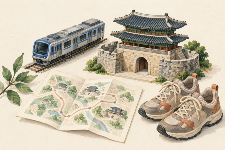 Painted travel still life with a model train, Korean fortress gate, folded route sketch, and walking shoes
