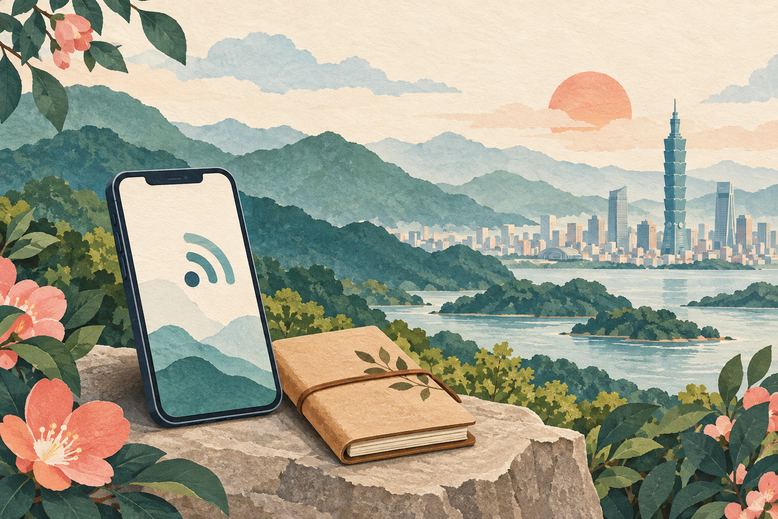 Editorial illustration of a smartphone and notebook with green mountains and a stylized Taipei skyline