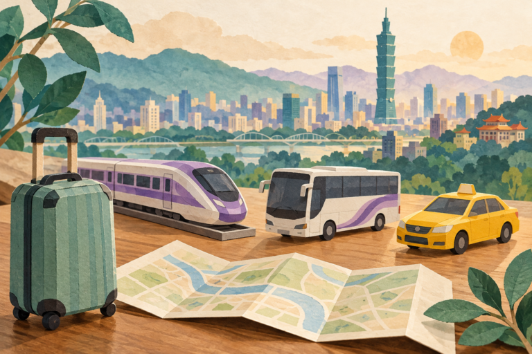 Paper-style illustration of a suitcase, map, train, bus and yellow taxi in front of the Taipei skyline.