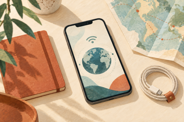 Editorial illustration of a smartphone with a globe beside a notebook, map and charging cable